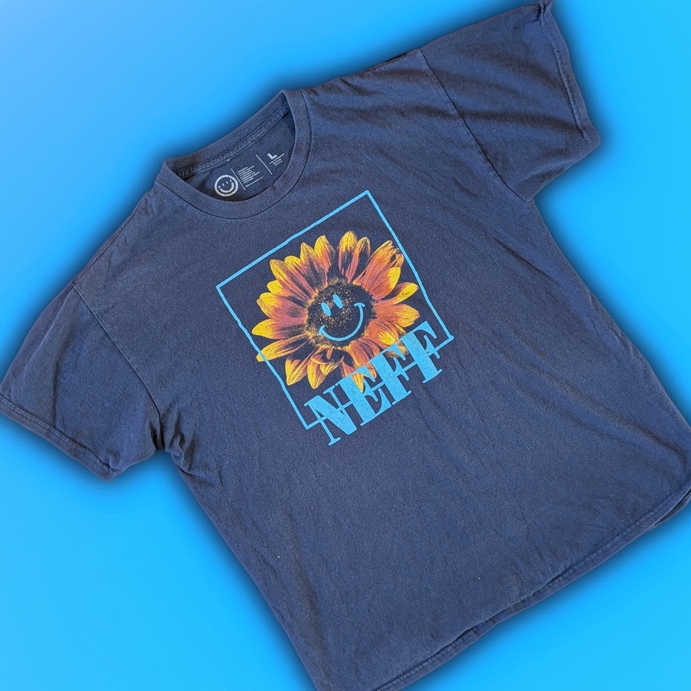 Neff Navy Cotton Smiley Sunflower Graphic Logo Crew Neck Men's L T-Shirt